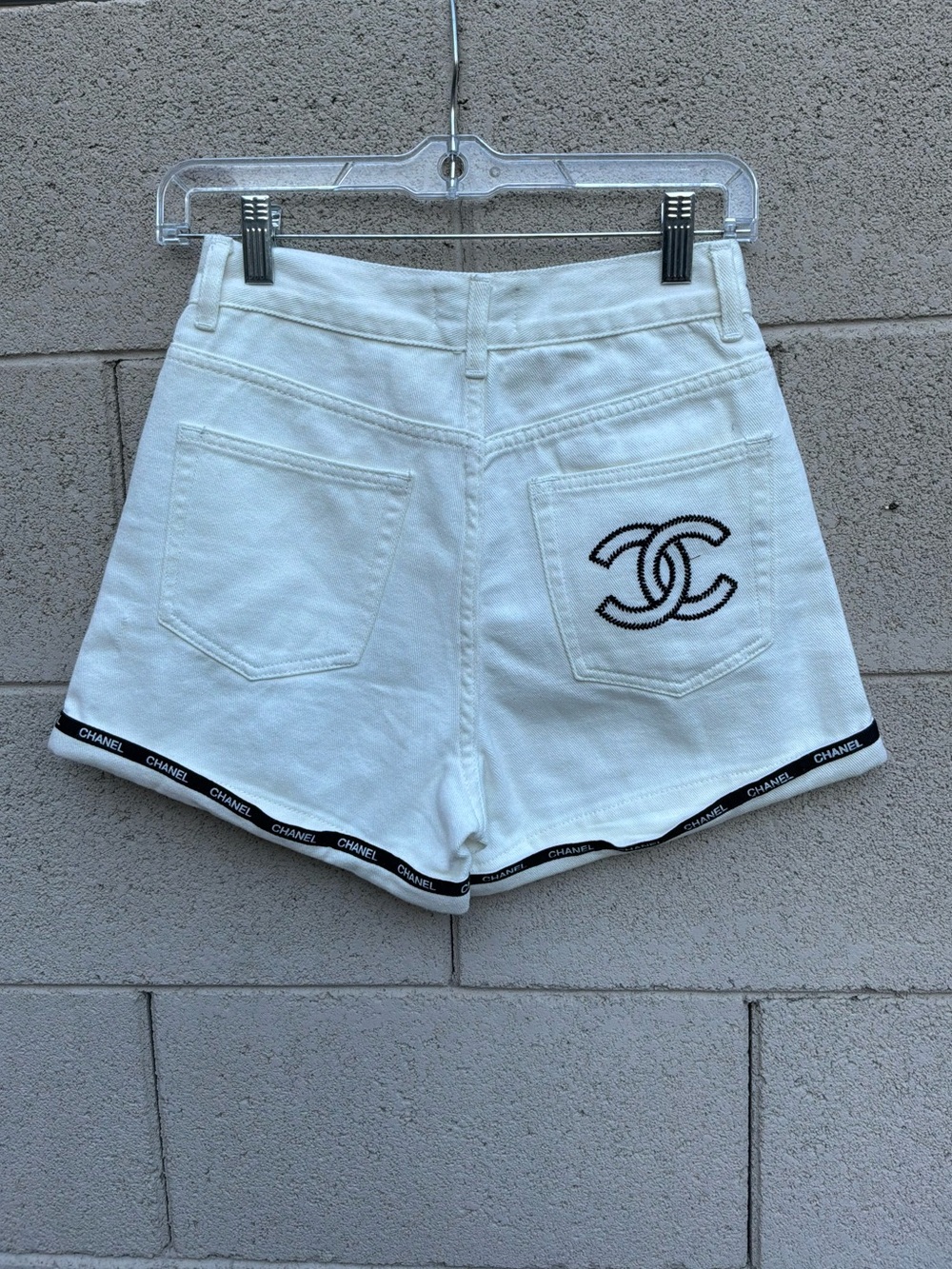 CHANEL White Denim Shorts Black CC Logo Trim Embroidered Pocket Size 34 P58468